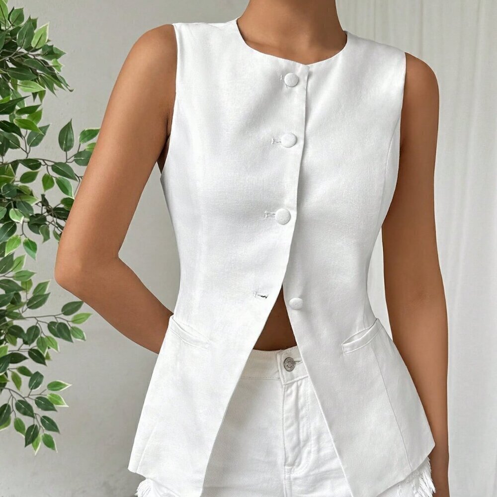 White Casual Women's Solid Button Front Vest Blazer